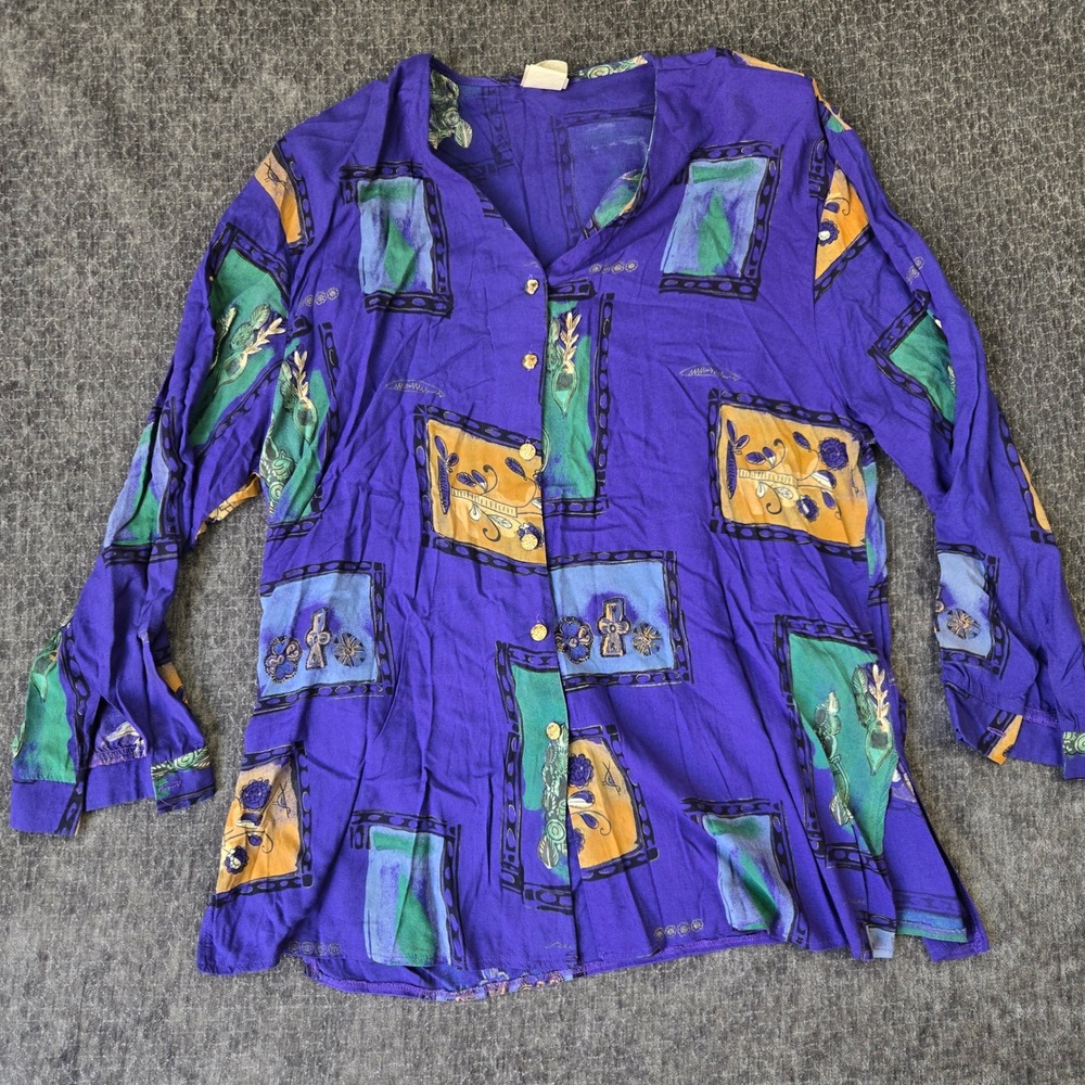 Vintage Plus Preferred Purple Abstract Button Up Shirt Women 24W Shoulder Pads